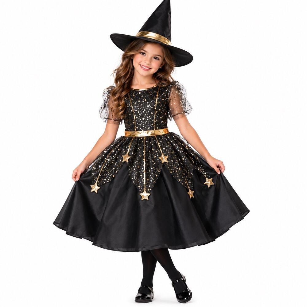 NWT! Pretty Witch Black & Gold Twilight Stars Costume - SMALL 6/6X